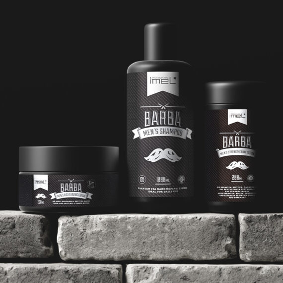Award-winning Barba Men’s cosmetics packaging by ABC Design Communication with vintage-inspired metallic labels and modern grooming aesthetics